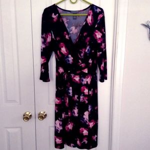 Faux Wrap Black Print Knit Dress